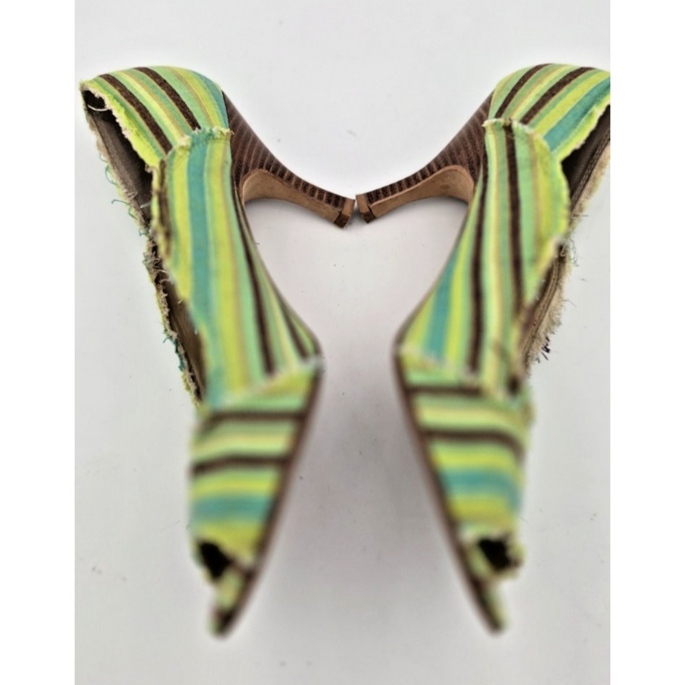 Ginger Goff Peep Toe Heels 7 Women's‎ Green Striped Frayed Wooden 3" Heels Boho - Picture 5 of 11